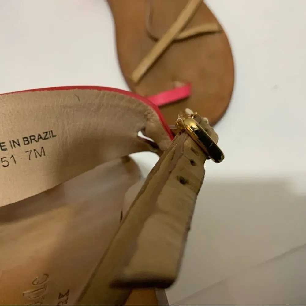 Kate Spade NY Sz 7 M Ashley Coral Leather Toe Ring Back Strap Flat Sandal